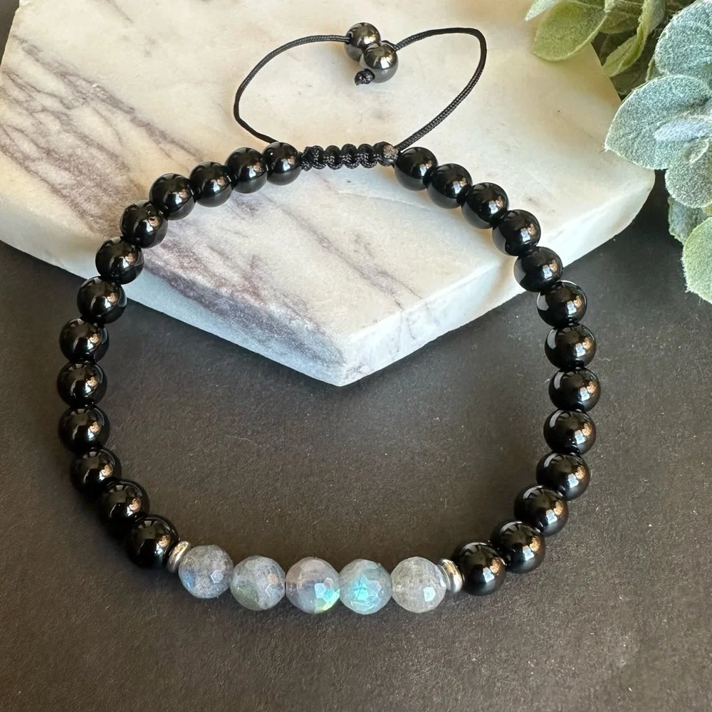 Labradorite Bracelet black tourmaline adjustable macrame - Picture 5 of 6
